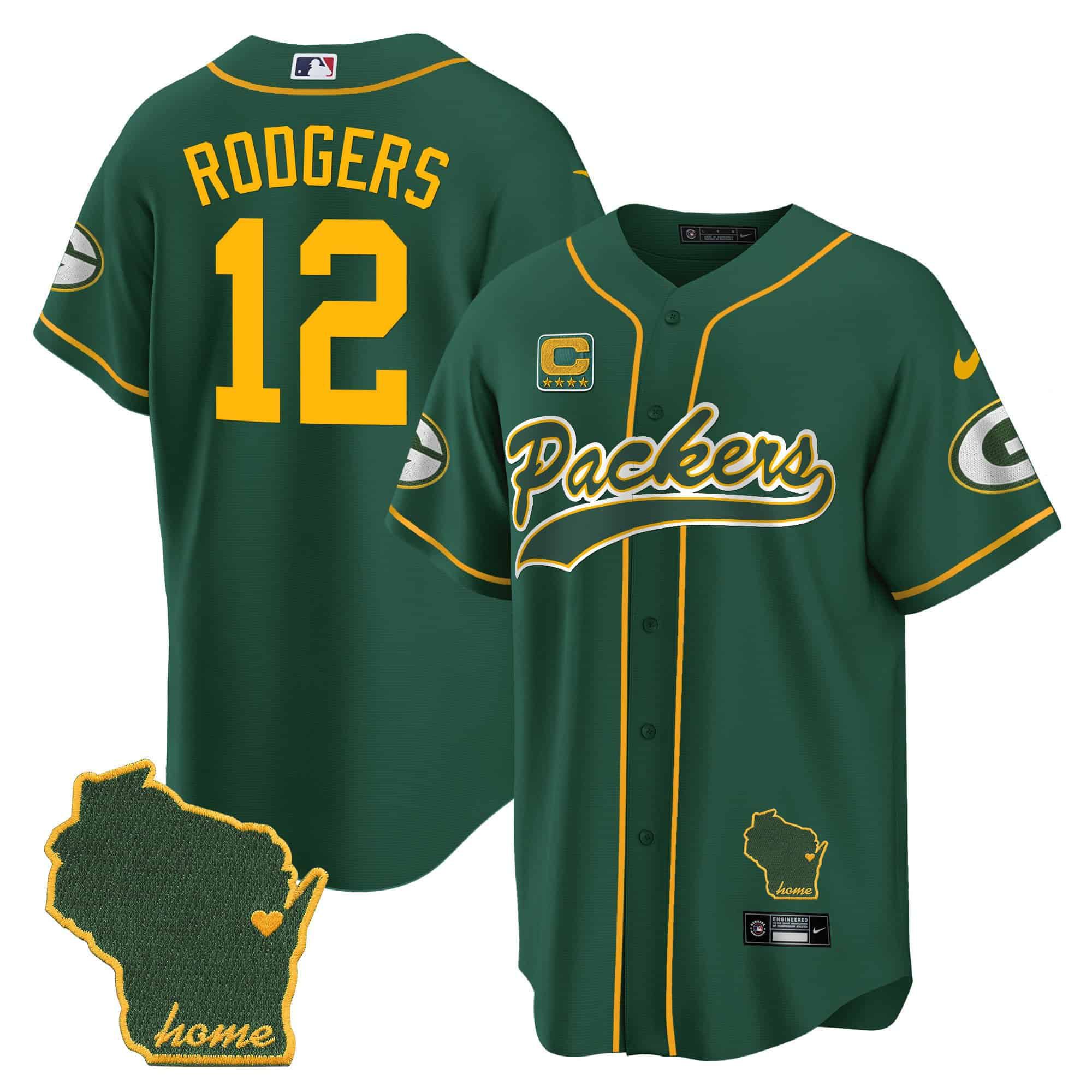 Men Green Bay Packers 12 Rodgers Green 2024 Nike Home Patch Baseball NFL Jersey style 1